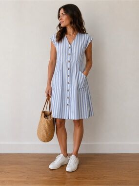 Nina Leonard Blue White Stripe Button Front Midi Dress Pockets Cap Sleeve XL
